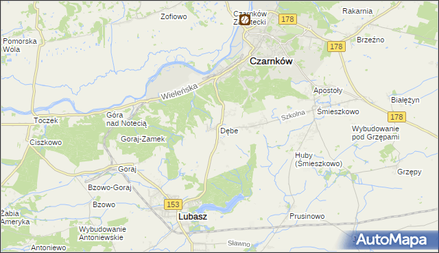 mapa Dębe gmina Lubasz, Dębe gmina Lubasz na mapie Targeo