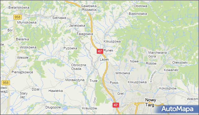 mapa Lasek gmina Nowy Targ, Lasek gmina Nowy Targ na mapie Targeo