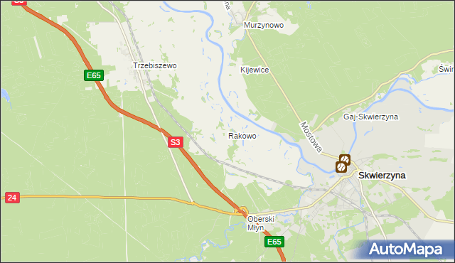 mapa Rakowo gmina Skwierzyna, Rakowo gmina Skwierzyna na mapie Targeo