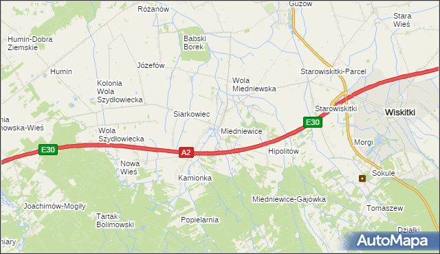 mapa Miedniewice gmina Wiskitki, Miedniewice gmina Wiskitki na mapie Targeo