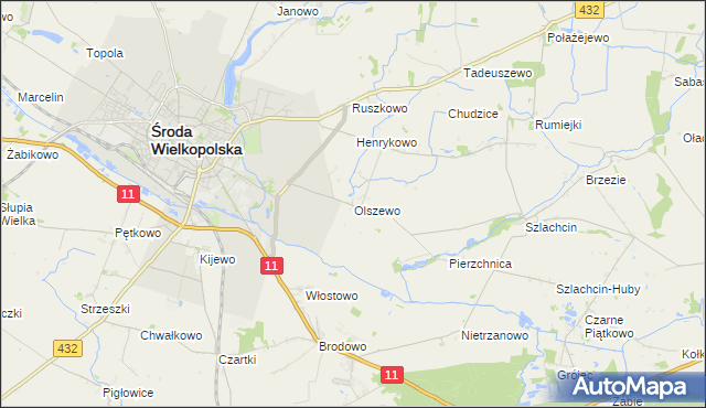 mapa Olszewo gmina Środa Wielkopolska, Olszewo gmina Środa Wielkopolska na mapie Targeo