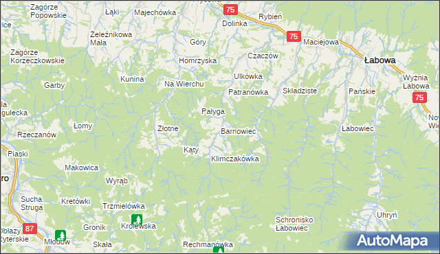 mapa Barnowiec gmina Łabowa, Barnowiec gmina Łabowa na mapie Targeo