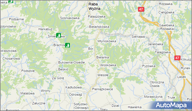 mapa Bielanka gmina Raba Wyżna, Bielanka gmina Raba Wyżna na mapie Targeo