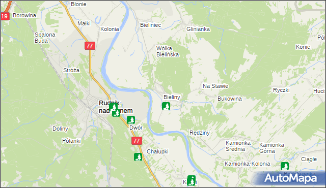 mapa Bieliny gmina Ulanów, Bieliny gmina Ulanów na mapie Targeo