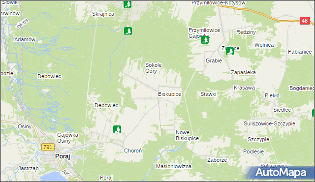 mapa Biskupice gmina Olsztyn, Biskupice gmina Olsztyn na mapie Targeo