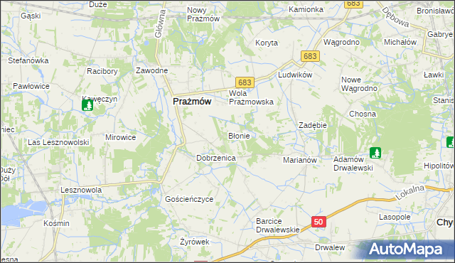 mapa Błonie gmina Prażmów, Błonie gmina Prażmów na mapie Targeo