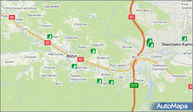 mapa Brzeście gmina Bliżyn, Brzeście gmina Bliżyn na mapie Targeo