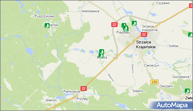 mapa Brzoza gmina Strzelce Krajeńskie, Brzoza gmina Strzelce Krajeńskie na mapie Targeo