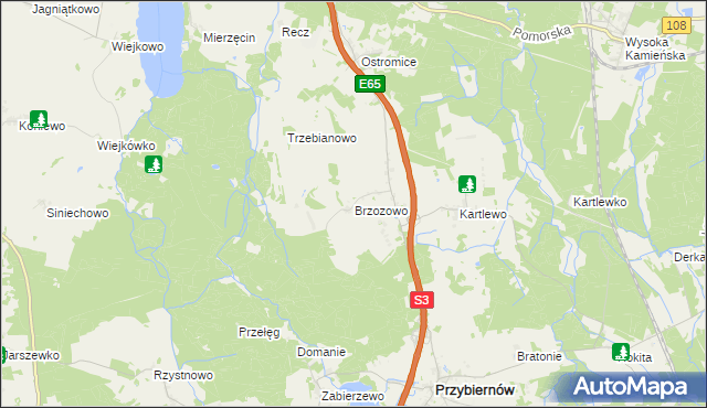 mapa Brzozowo gmina Przybiernów, Brzozowo gmina Przybiernów na mapie Targeo