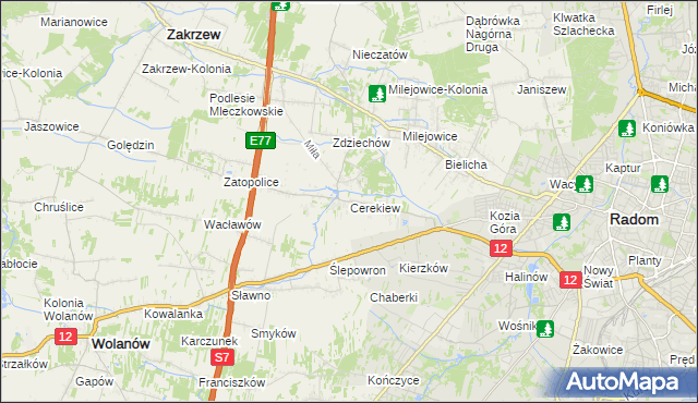 mapa Cerekiew gmina Zakrzew, Cerekiew gmina Zakrzew na mapie Targeo