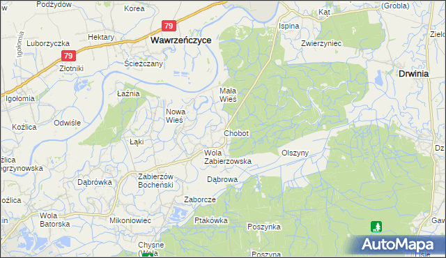 mapa Chobot gmina Niepołomice, Chobot gmina Niepołomice na mapie Targeo
