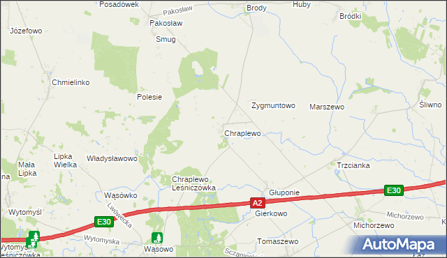 mapa Chraplewo gmina Kuślin, Chraplewo gmina Kuślin na mapie Targeo