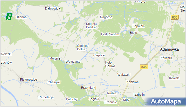 mapa Cieplice gmina Adamówka, Cieplice gmina Adamówka na mapie Targeo