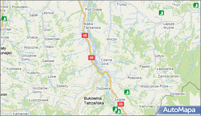 mapa Czarna Góra gmina Bukowina Tatrzańska, Czarna Góra gmina Bukowina Tatrzańska na mapie Targeo