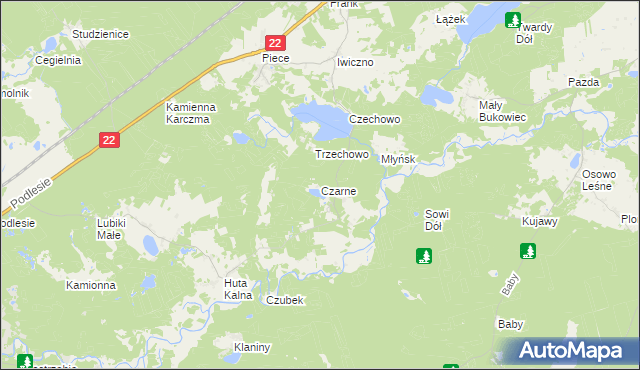 mapa Czarne gmina Kaliska, Czarne gmina Kaliska na mapie Targeo