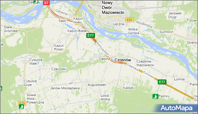 mapa Dębina gmina Czosnów, Dębina gmina Czosnów na mapie Targeo