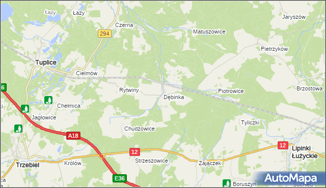 mapa Dębinka gmina Trzebiel, Dębinka gmina Trzebiel na mapie Targeo