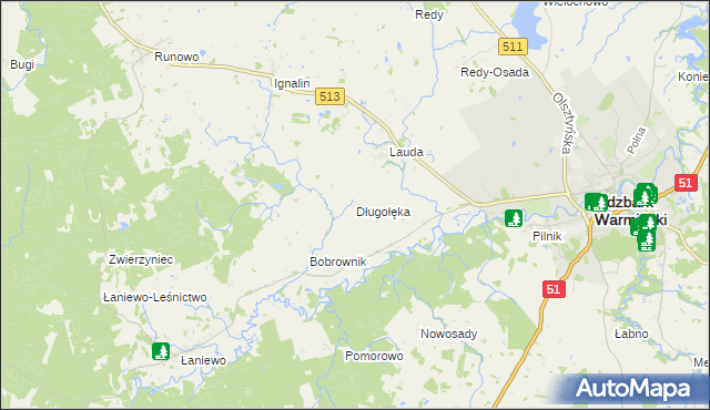 mapa Długołęka gmina Lidzbark Warmiński, Długołęka gmina Lidzbark Warmiński na mapie Targeo