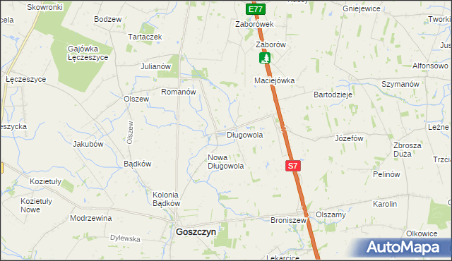 mapa Długowola gmina Goszczyn, Długowola gmina Goszczyn na mapie Targeo