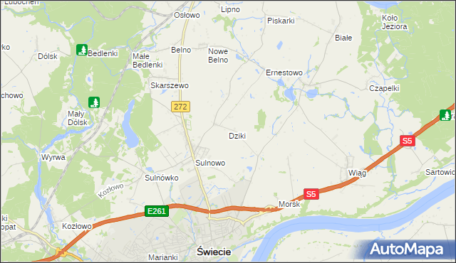 mapa Dziki gmina Świecie, Dziki gmina Świecie na mapie Targeo