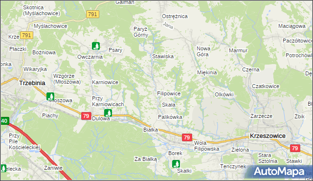 mapa Filipowice gmina Krzeszowice, Filipowice gmina Krzeszowice na mapie Targeo