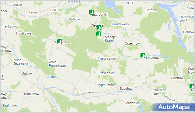 mapa Franciszków gmina Lutomiersk, Franciszków gmina Lutomiersk na mapie Targeo