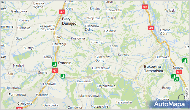 mapa Gliczarów Górny, Gliczarów Górny na mapie Targeo