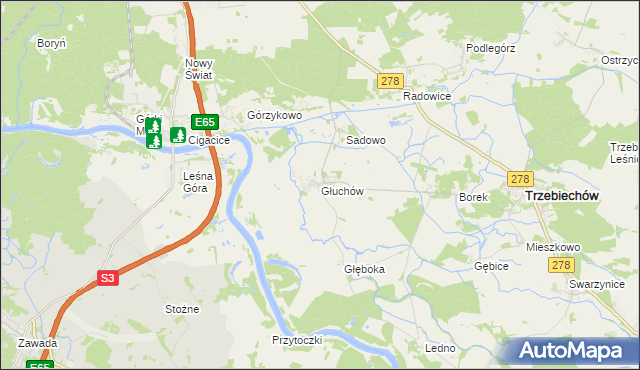 mapa Głuchów gmina Trzebiechów, Głuchów gmina Trzebiechów na mapie Targeo