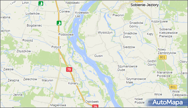 mapa Gusin gmina Sobienie-Jeziory, Gusin gmina Sobienie-Jeziory na mapie Targeo