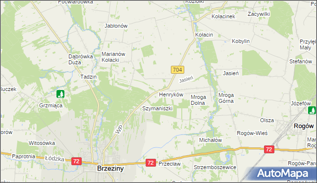 mapa Henryków gmina Brzeziny, Henryków gmina Brzeziny na mapie Targeo