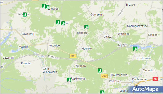 mapa Hucisko gmina Włodowice, Hucisko gmina Włodowice na mapie Targeo