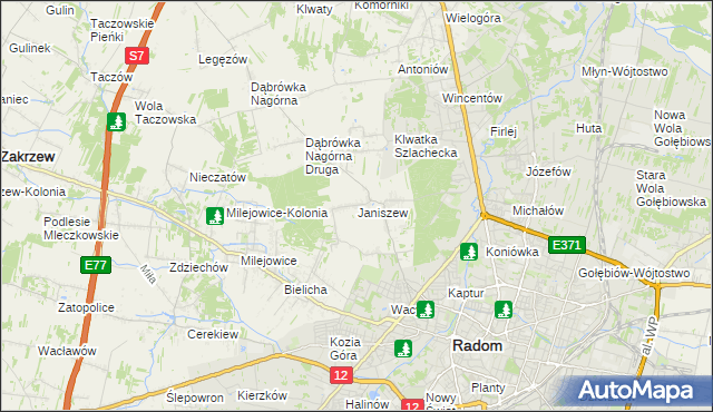 mapa Janiszew gmina Zakrzew, Janiszew gmina Zakrzew na mapie Targeo