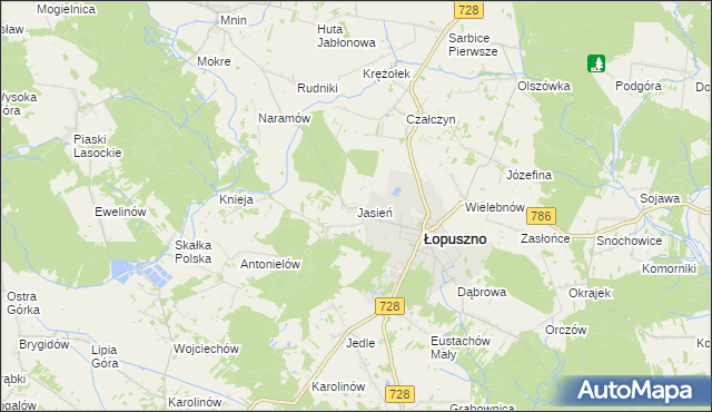 mapa Jasień gmina Łopuszno, Jasień gmina Łopuszno na mapie Targeo