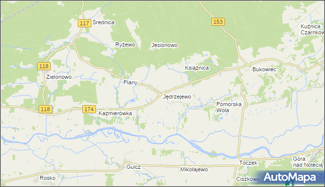 mapa Jędrzejewo gmina Czarnków, Jędrzejewo gmina Czarnków na mapie Targeo