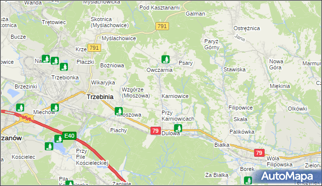 mapa Karniowice gmina Trzebinia, Karniowice gmina Trzebinia na mapie Targeo