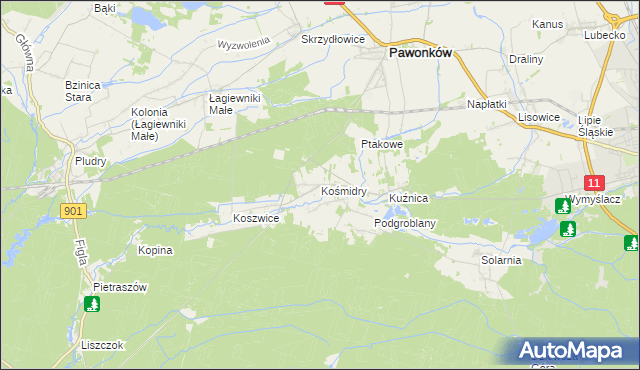 mapa Kośmidry gmina Pawonków, Kośmidry gmina Pawonków na mapie Targeo