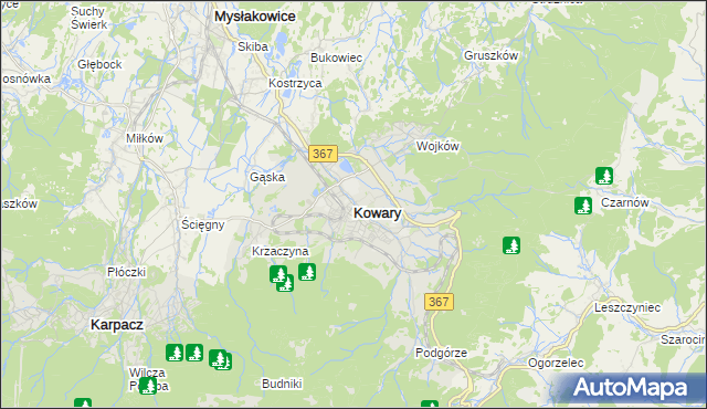 mapa Kowary powiat jeleniogórski, Kowary powiat jeleniogórski na mapie Targeo