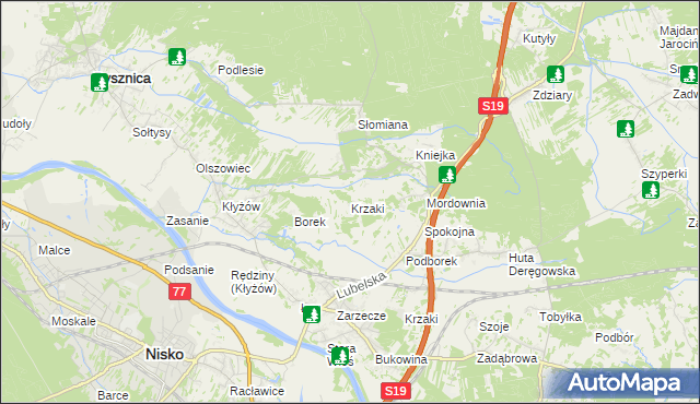 mapa Krzaki gmina Pysznica, Krzaki gmina Pysznica na mapie Targeo