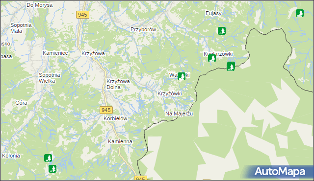 mapa Krzyżówki gmina Jeleśnia, Krzyżówki gmina Jeleśnia na mapie Targeo