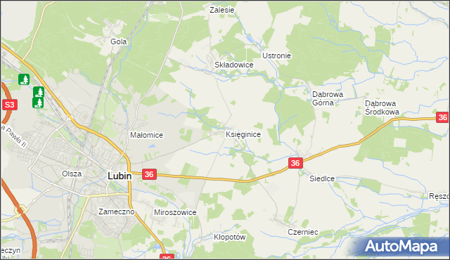 mapa Księginice gmina Lubin, Księginice gmina Lubin na mapie Targeo