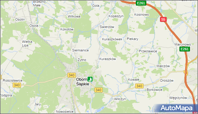mapa Kuraszków gmina Oborniki Śląskie, Kuraszków gmina Oborniki Śląskie na mapie Targeo