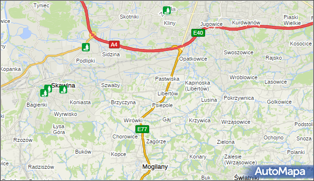 mapa Libertów gmina Mogilany, Libertów gmina Mogilany na mapie Targeo