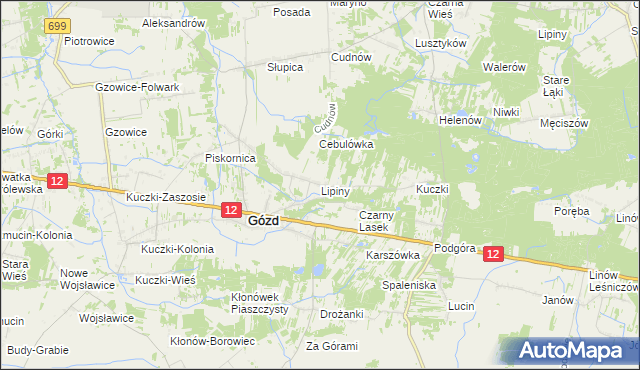 mapa Lipiny gmina Gózd, Lipiny gmina Gózd na mapie Targeo