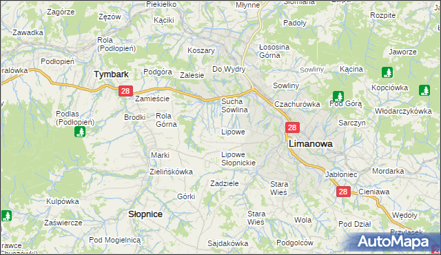 mapa Lipowe gmina Limanowa, Lipowe gmina Limanowa na mapie Targeo