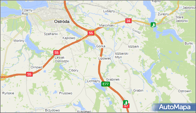 mapa Lipowiec gmina Ostróda, Lipowiec gmina Ostróda na mapie Targeo