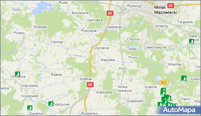 mapa Maliszew gmina Mińsk Mazowiecki, Maliszew gmina Mińsk Mazowiecki na mapie Targeo