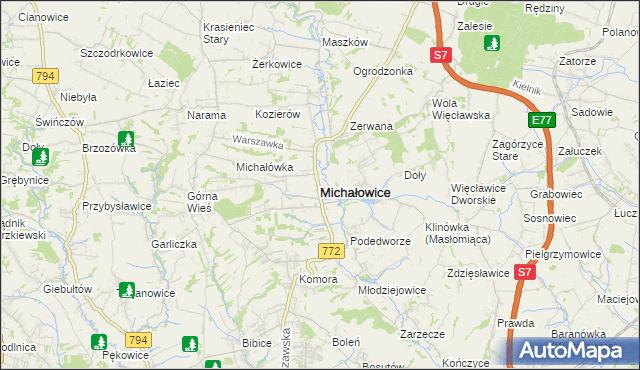 mapa Michałowice powiat krakowski, Michałowice powiat krakowski na mapie Targeo
