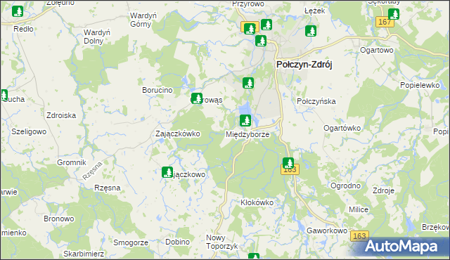 mapa Międzyborze gmina Połczyn-Zdrój, Międzyborze gmina Połczyn-Zdrój na mapie Targeo