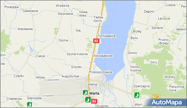 mapa Mikołajewice gmina Warta, Mikołajewice gmina Warta na mapie Targeo