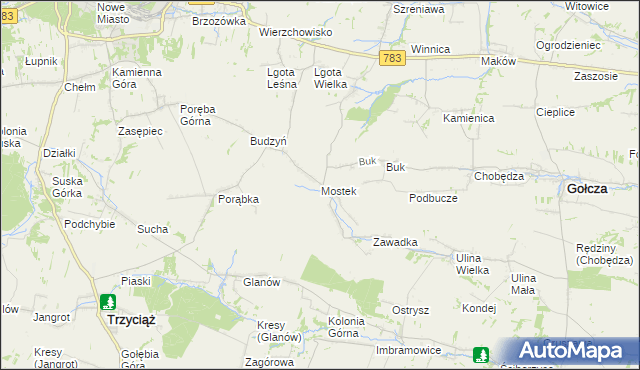 mapa Mostek gmina Gołcza, Mostek gmina Gołcza na mapie Targeo